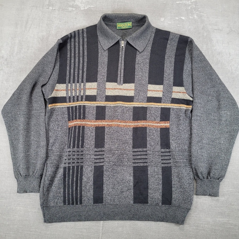 MANZONI Mens Gray Wool Mix Grandpa Dad‎ 1/4 Zip Long Sleeve Sweater Made Italy L